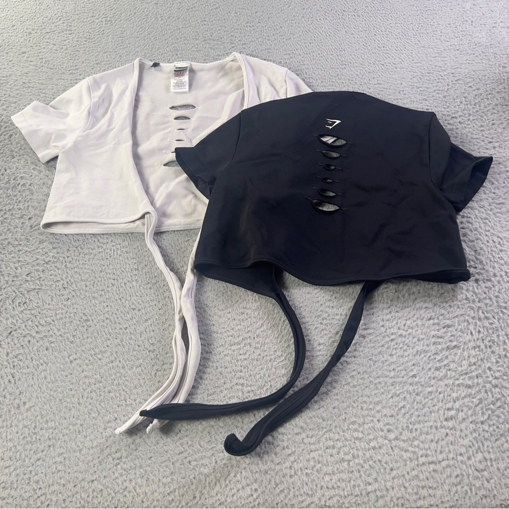 Gymshark Gains Seamless Fitted Crop Top Womens Small Black Off White Set of 2 - Picture 5 of 7